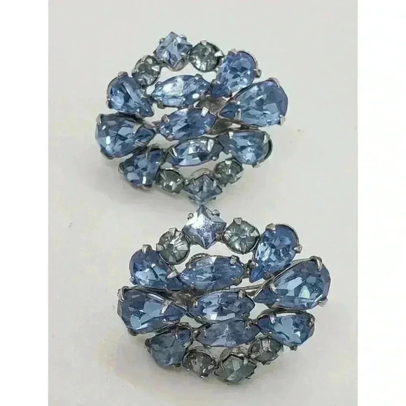 Vintage Earrings Rhinestone Baby Blue Rhodium Plated Clip Big Statement 50s - Picture 2 of 12